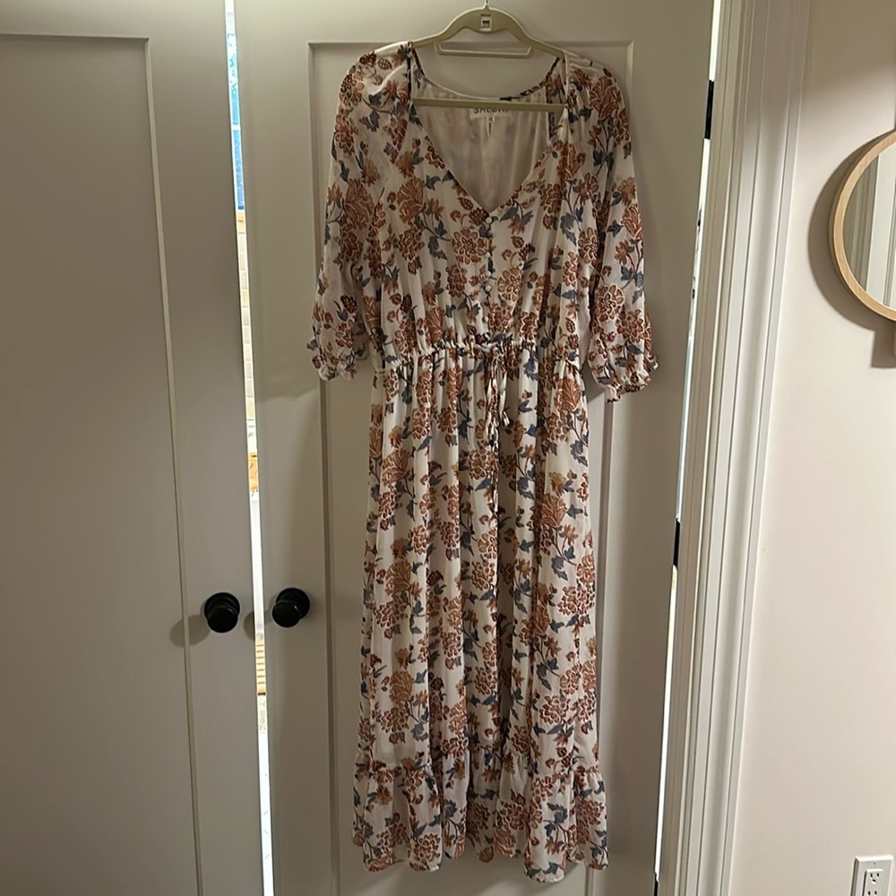 SALONI Floral Print Dress in Cream and Brown